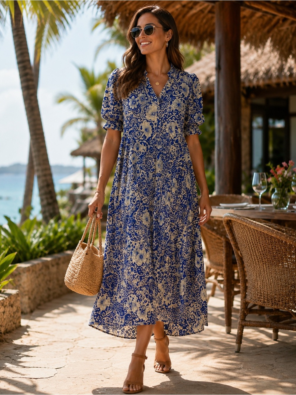 Umgee Blue and Cream Floral Maxi Dress